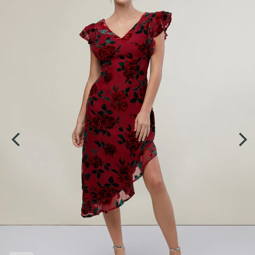 Ruffle Asymmetrical High Low Midi Dress | Burnout Rose Deep Red - Burnout Rose